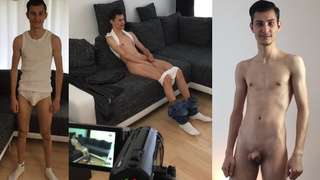 18-year-mature slim hairless refugee at the German casting interview with small wang and white socks