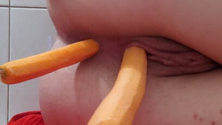 Fucking my virgin teenie holes with wide carrots instead of toys