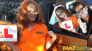 Fake Driving Instructor rides his alluring red-head teenie student in the car and gives her a cream pie