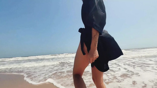 Me- Teeny Skank Fingering Shaved Vagina on the Seashore Beach, Outdoor, Solo Mastirbation